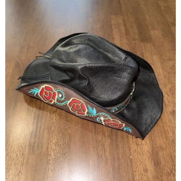 Peter Grimm Black Straw Cowboy Hat Embroidered Rose Band Western Festival O/S - Picture 9 of 12